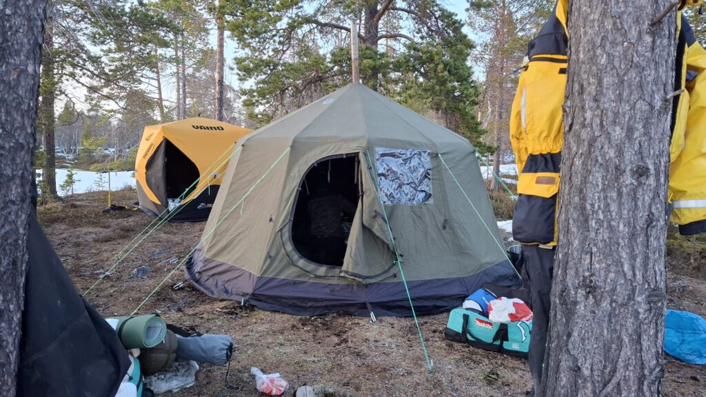 Teltta pystyssä talvisella retkellä Lapissa